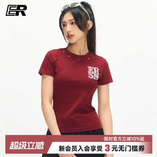 ER珍珠字母短袖t恤夏季2026新款国潮牌圆领宽松修身显瘦5分袖