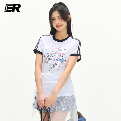 ER卡通印花T恤2026夏季新款修身辣妹潮流条纹短袖高级感上衣女款