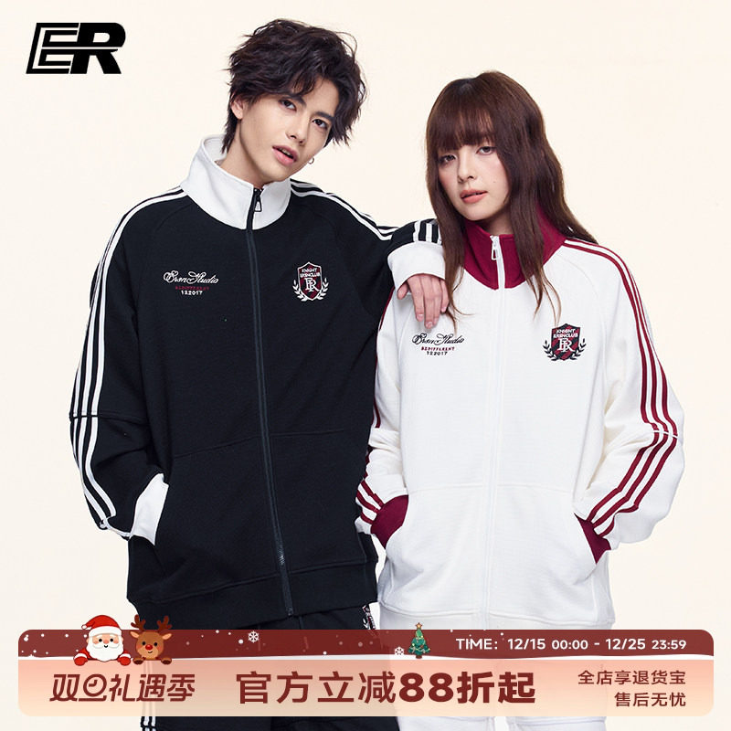 ER泽西风徽章华夫格条纹撞色卫衣