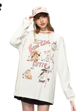 ER涂鸦风黑色长袖圆领卫衣男春季宽松卡通印花设计感街头潮流上衣