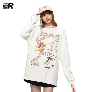 ER涂鸦风黑色长袖圆领卫衣男春季宽松卡通印花设计感街头潮流上衣