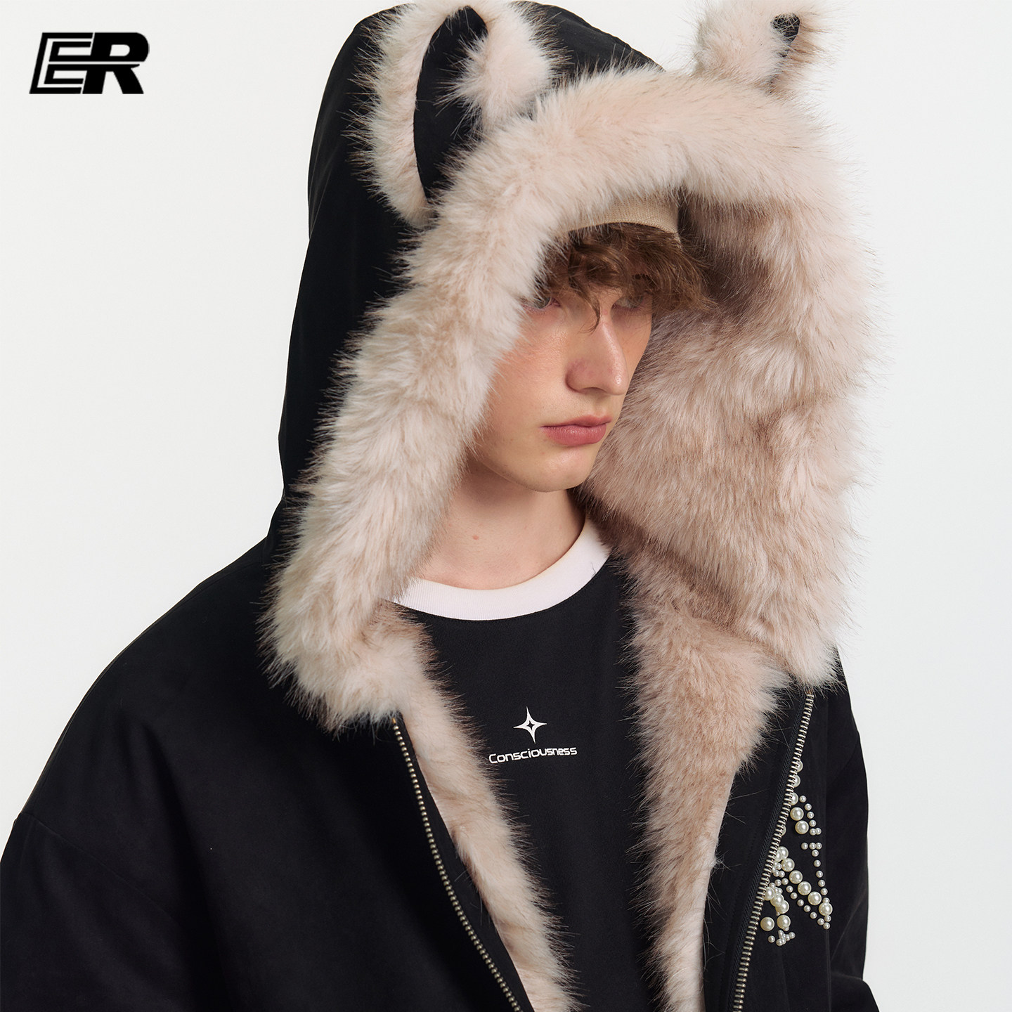 ER兔耳朵座山雕连帽外套2026冬珍珠logo毛领夹克美式潮牌男女棉服