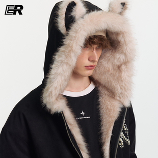 ER兔耳朵座山雕连帽外套2026冬珍珠logo毛领夹克美式潮牌男女棉服