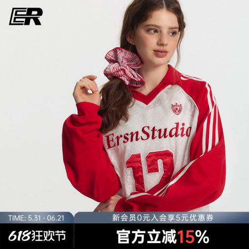 ER蕾丝透视感镂空插肩袖V领长袖t恤女国潮美式运动12号冰球服罩衫