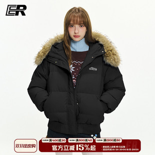 ER刺绣大毛领90白鸭绒连帽羽绒服冬季户外滑雪潮牌防寒保暖外套