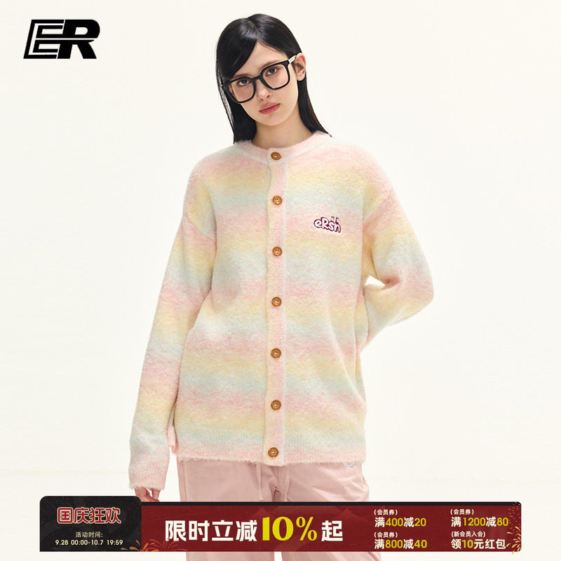 【明星同款】ER彩虹毛衣开衫女2026秋新款国潮校园风温柔针织外套图片
