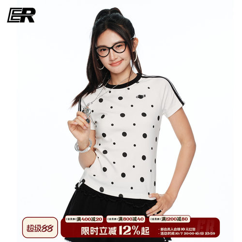 ER韩系复古波点撞色短袖T恤女