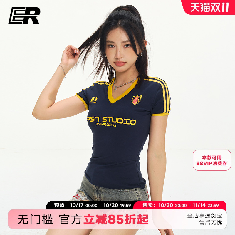 ER美式复古辣妹V领撞色印花短袖T恤女夏季运动修身显瘦高级感球衣