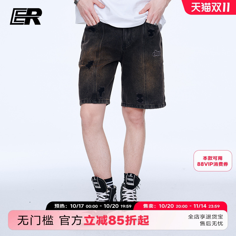 ER假破洞水洗牛仔短裤男夏季户外美式复古潮牌直筒宽松五分中裤