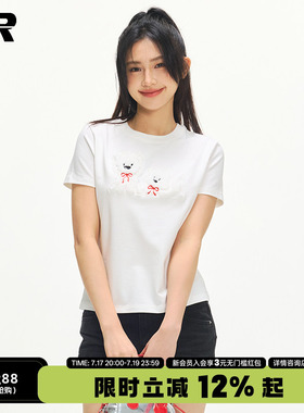 ER可爱贴布绣小狗短袖t恤女夏季修身情侣正肩潮牌休闲圆领半袖