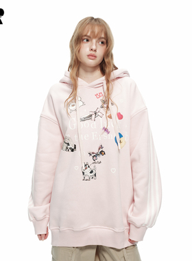 ER萌宠乐园卡通印花连帽卫衣男女同款春季撞色条纹宽松潮牌上衣