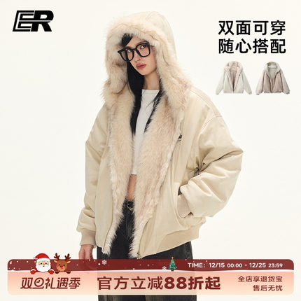 【明星同款】ER两面穿座山雕麂皮毛领连帽外套cleanfit美式情侣装