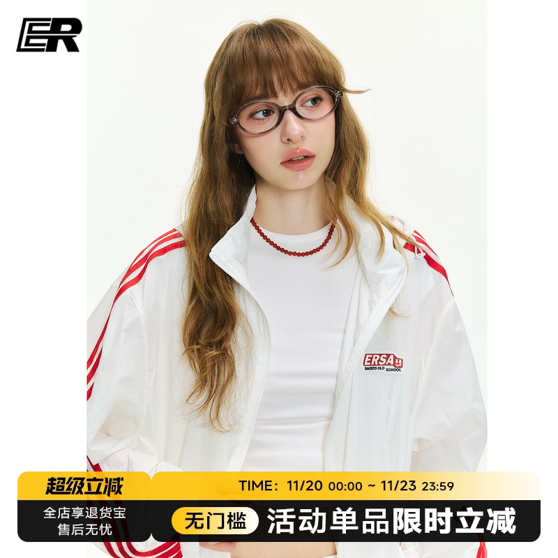 ER美式复古薄款连帽防晒衣外套女夏季宽松运动休闲三条杠情侣装