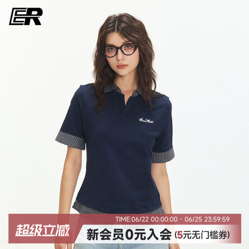 ER复古辣妹polo领撞色短袖t恤2026夏季假两件修身显瘦上衣女款