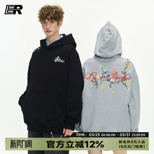 潮牌oversize休闲外套情侣装 ER重工花卉刺绣连帽卫衣春秋季 美式