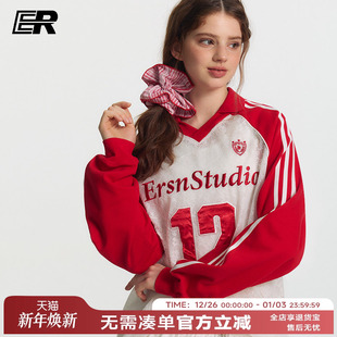 运动12号冰球服罩衫 t恤女国潮美式 V领长袖 ER蕾丝透视感镂空插肩袖