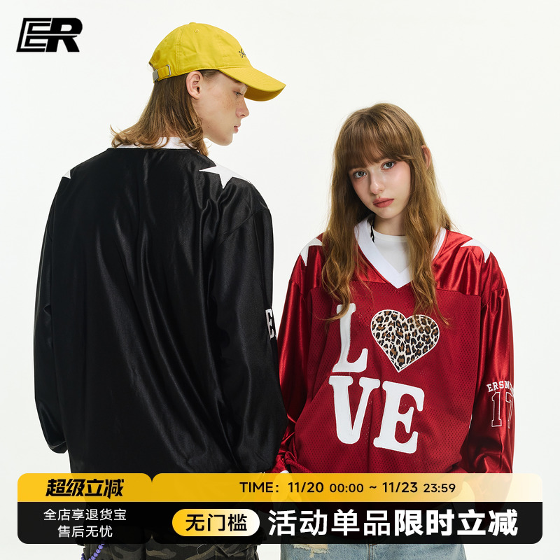 ER撞色V领豹纹爱心球服户外篮球运动网眼透气美式长袖t恤情侣装