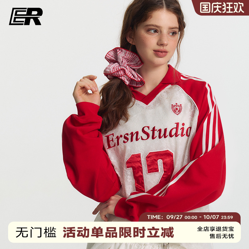 ER蕾丝透视感镂空插肩袖V领长袖t恤女国潮美式运动12号冰球服罩衫