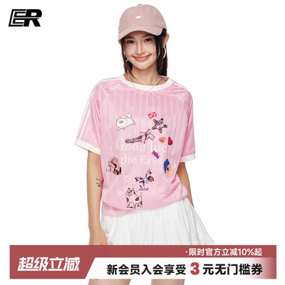 ER撞色条纹萌宠乐园印花短袖T恤