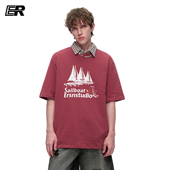 ER插肩袖 T恤女夏宽松圆领oversize潮牌潮流半袖 美式 帆船印花短袖