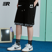 男情侣宽松中裤 ER笑脸国潮腰果花短裤 假两件休闲运动排扣五分裤