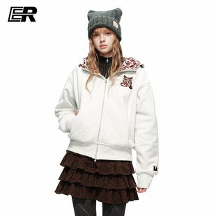 ER豹纹小狗耳朵连帽开衫加绒卫衣女2026秋冬街头风刺绣小高领外套