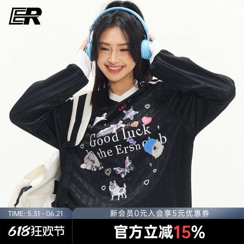 【明星同款】ER萌宠乐园V领长袖t恤泽西风潮牌美式运动情侣球服