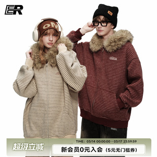 ER撞色条纹卫衣拉链开衫毛领卫衣2026春季潮牌美式复古连帽外套