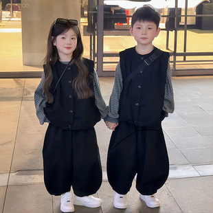 女童套装春秋季2025新款姐弟装洋气时髦女孩秋季马甲打底衫三件套