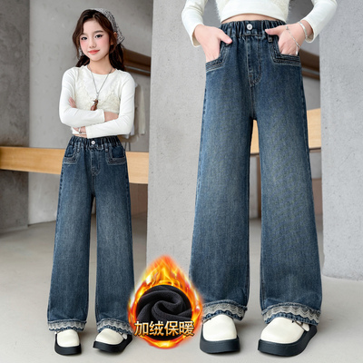 女童牛仔裤秋冬加绒加厚一体绒