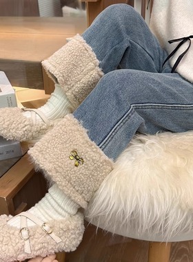 女童牛仔裤子秋冬款2025新款儿童冬季加绒卷边女孩宝宝加厚直筒裤