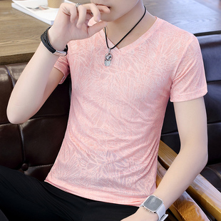 短袖男士T恤潮流男装冰丝衣服V领韩版新款体恤帅气修身半袖汗衫