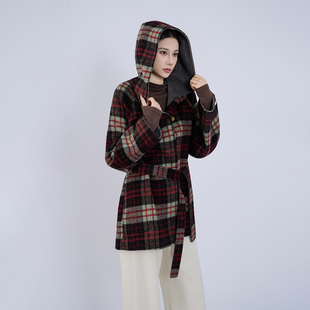 JIACIMEI韩系短款高级感格子羊毛大衣女双面穿斗篷式连帽毛呢外套