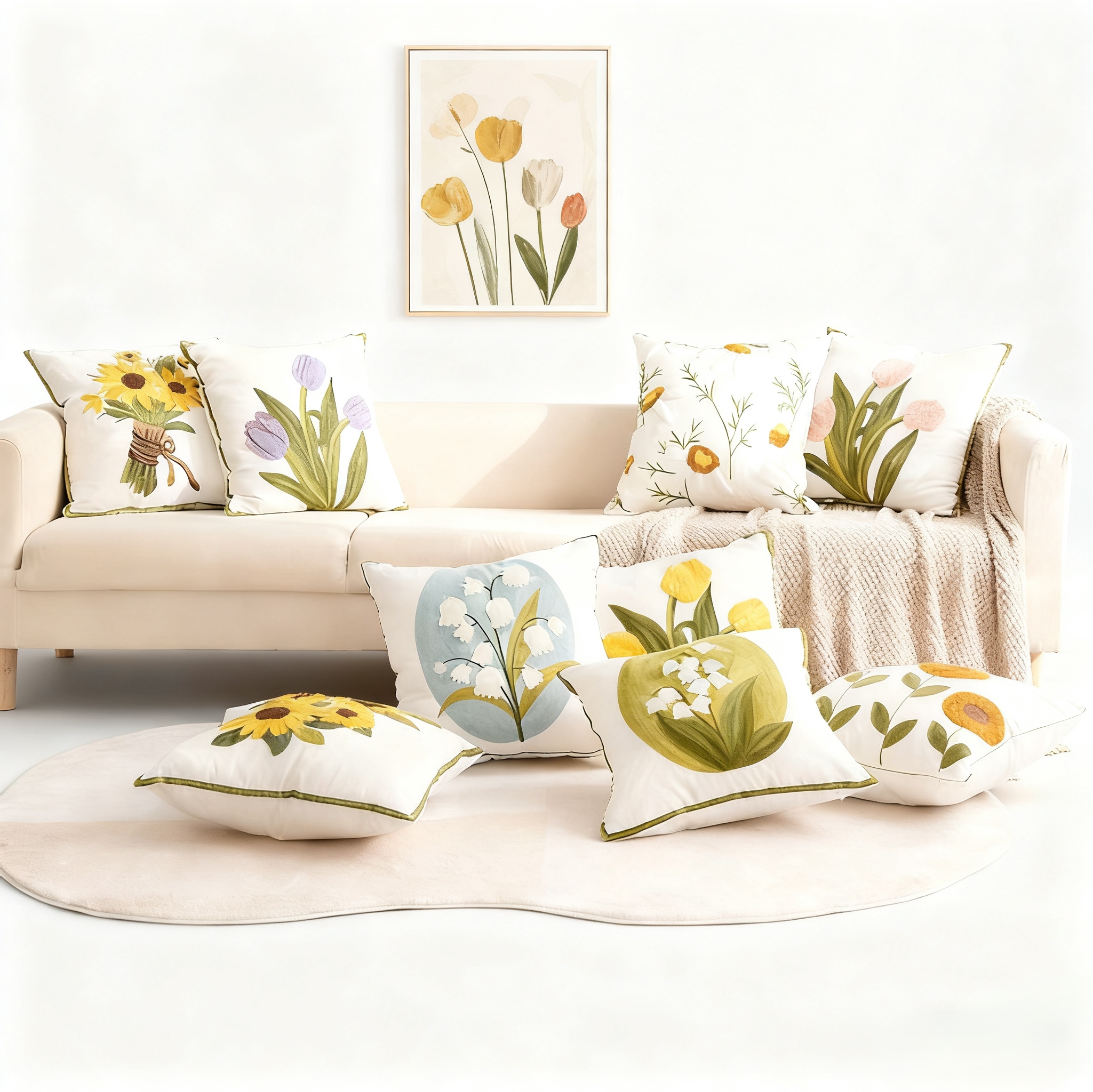 新款田园花朵毛巾刺绣抱枕套床头靠垫沙发车客厅枕背腰含芯靠垫