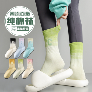 夏季 100%纯棉袜子女2025新款 无骨高筒袜外穿ins潮网红C字母长筒袜