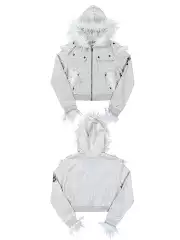 Chai (Disassembled) Embossed Print Raw Edge Patchwork Wool Original Hooded Short Wide Pure Cotton Fur Collar Jacket