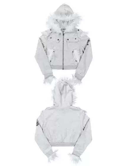 Chai (Disassembled) Embossed Print Raw Edge Patchwork Wool Original Hooded Short Wide Pure Cotton Fur Collar Jacket