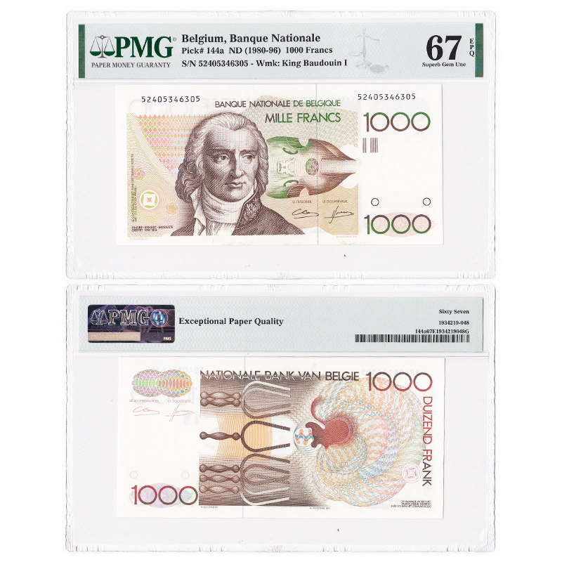评级币 比利时1000法郎 pmg评级67分 nd(1980-96)年 全新 p-144a