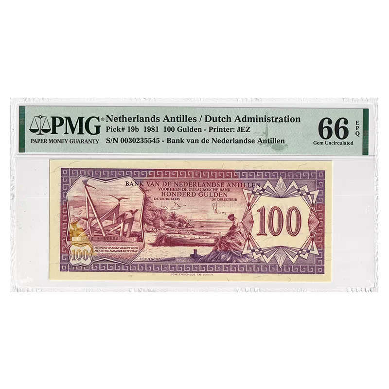 [คะแนนประเมิน Pmg 66 คะแนน] ธนบัตร 100 ดอลลาร์เนเธอร์แลนด์แอนทิลลีส ปี 1981 P-19B หมายเลข 0030235545