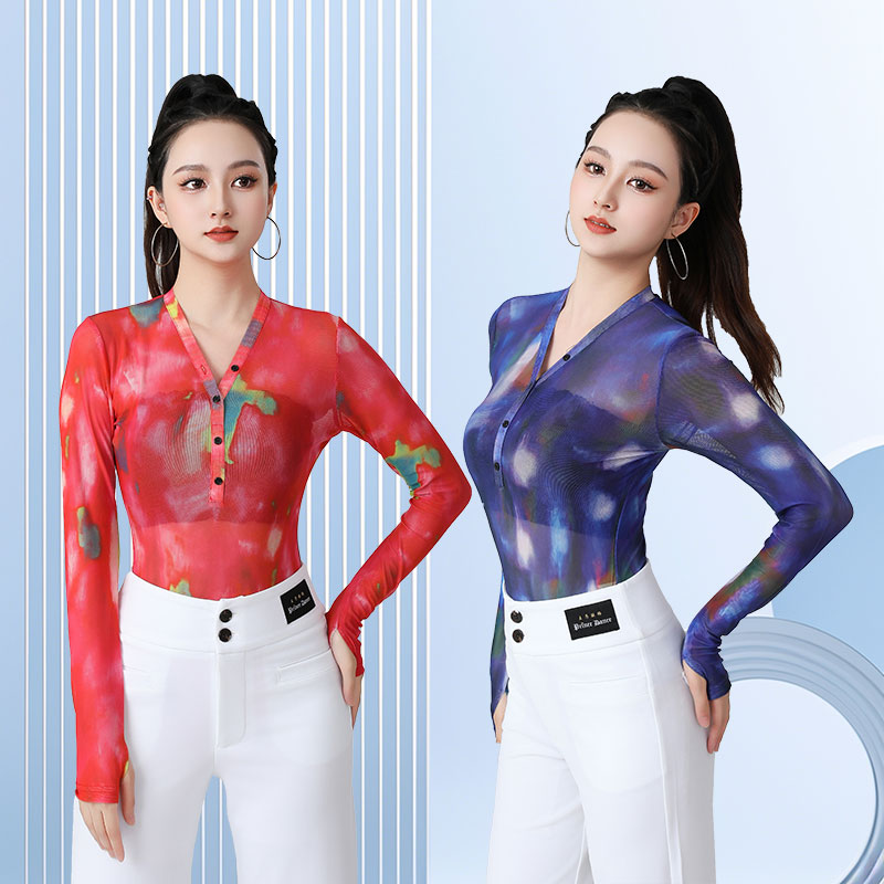 吉特巴拉丁舞练功服女成人网纱连体上衣国标交谊舞跳舞蹈服勾手指