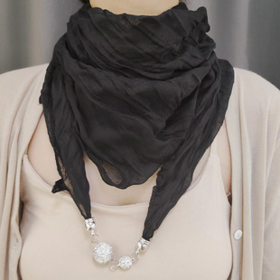 磁扣丝巾女项链懒人围巾吊坠薄款 饰黑色百搭小领巾 棉麻围脖护颈装