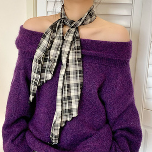 2025春秋新款护颈棉麻围巾女薄款百搭格子窄款细长条褶皱装饰丝巾