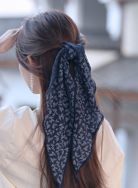 韩版复古丝巾女士文艺棉麻绑发带春秋薄款百搭法式丝带三角小领巾