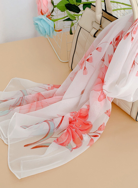 2025春秋新款印花白色丝巾窄长条夏季防晒沙滩纱巾百搭韩版围巾女