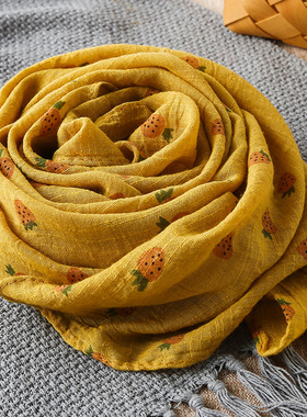 亲子儿童棉麻围巾女春秋百搭韩版纱巾薄款姜黄色草莓洋气时尚披肩