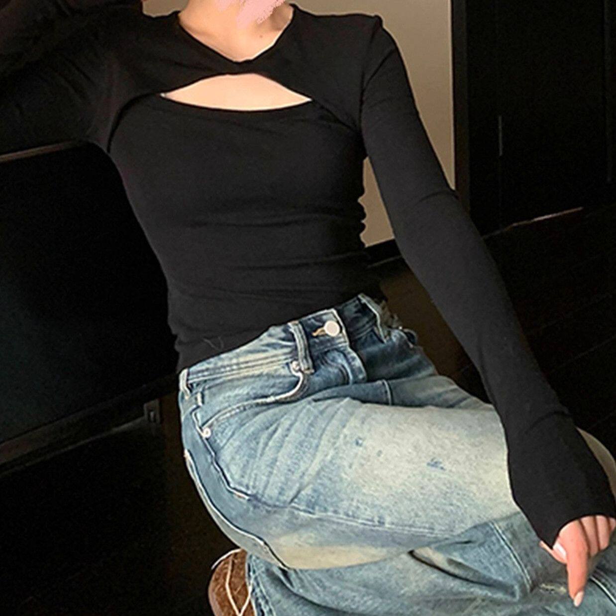 纽结交叉长袖V领纯色T恤女