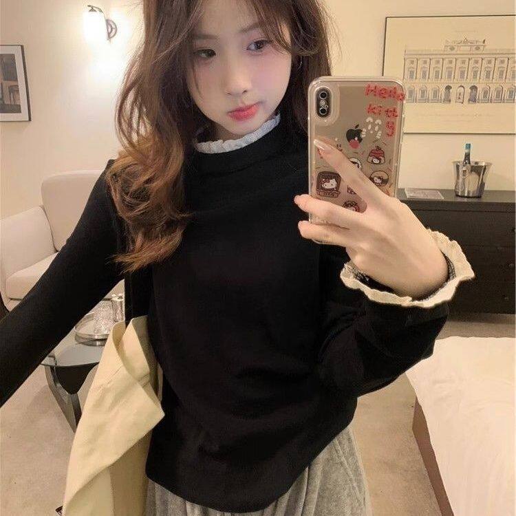 蕾丝德绒加绒半高领打底拼接