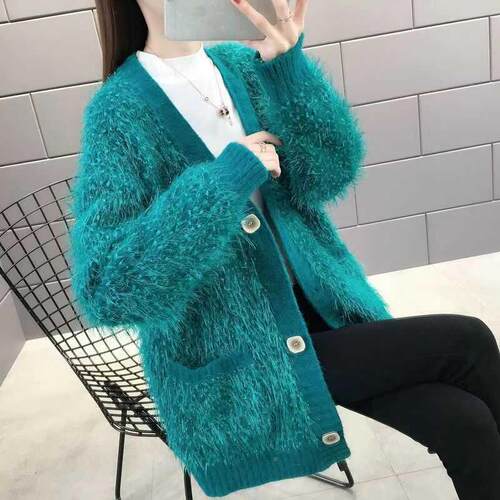 大码女装毛衣外厚套女开EKZ衫胖m宽松m百加灯笼袖针织衫秋搭冬慵