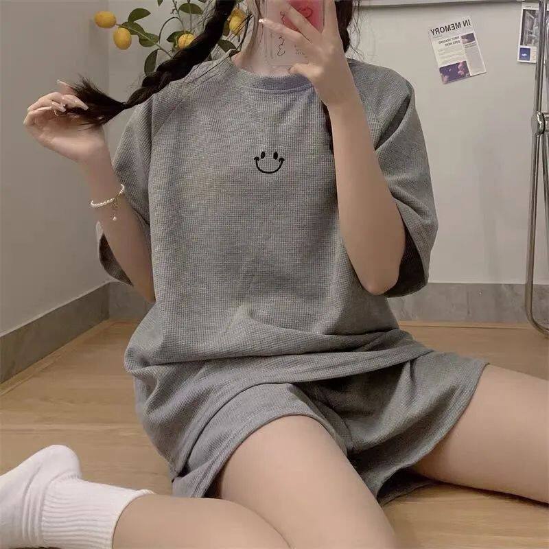 韩国ins风可爱简约睡衣女夏季短袖圆领运动笑脸可外穿家居服套装