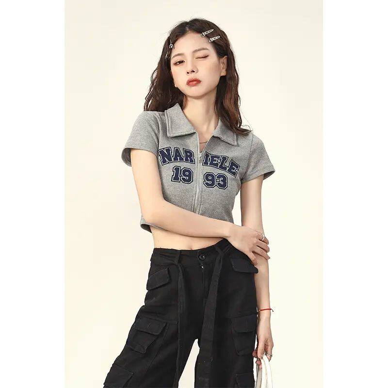 灰色polo领衫短袖t恤女夏季美式复古短款高腰辣妹开衫半袖上衣ins